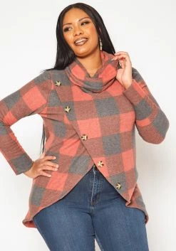 Plus Size Plaid Print Funnel Neck Sweater