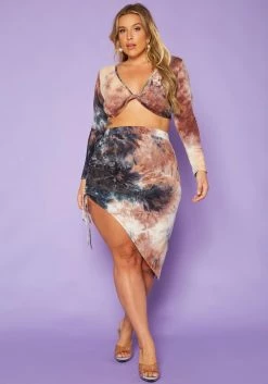 [Special Price] Plus Size Multi Print Crop Top & Skirt Set