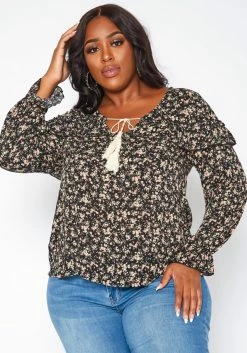 Plus Size Floral Print Long Sleeve Top