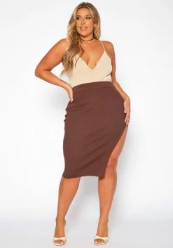 Plus Size High Waist Ribbed Midi Skirt