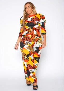 Plus Size Geometric Abstract Print Two Piece Set