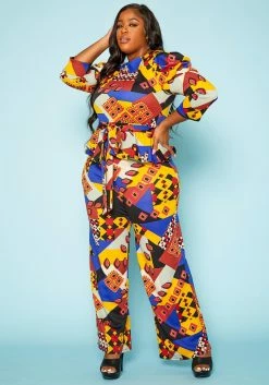 Plus Size Geometric Abstract Print Two Piece Set