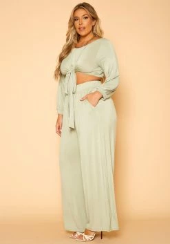 Plus Size Tie Front Crop Top & Pants Set -Asoph Sales Shop 2019092 151 2