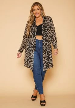 Plus Size Leopard Print Drape Front Cardigan