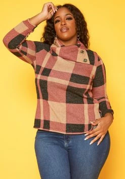 Plus Size Plaid Asymmetric Collar Sweater