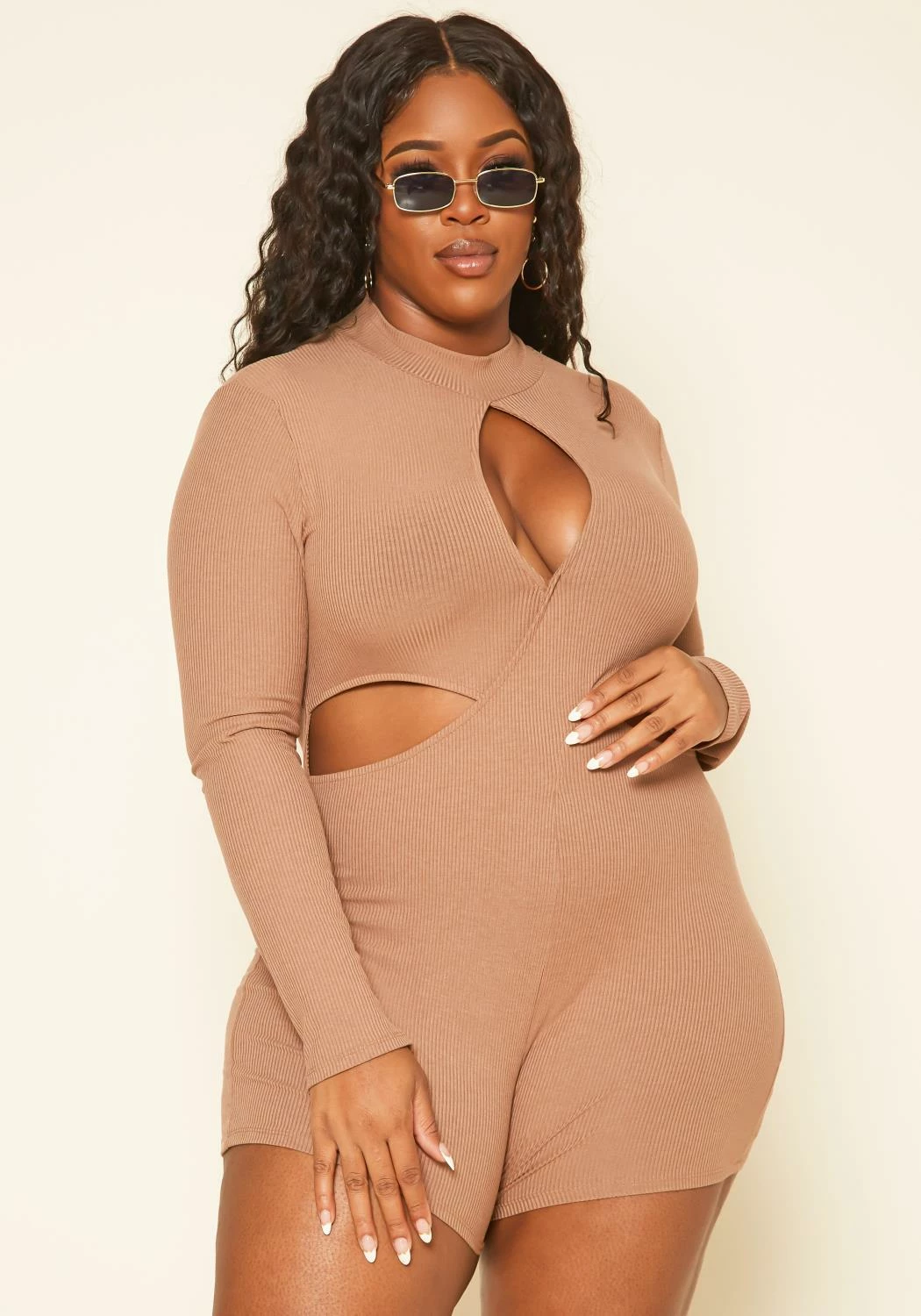 Plus Size Ribbed Knit Cut Out Romper 2 Plus Size Ribbed Knit Cut Out Romper - Image 2