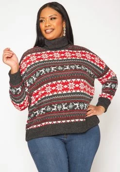 Plus Size Reindeer Print Turtleneck Sweater