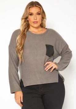 Plus Size Faux Leather Pocket Hem Sweater