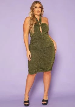 Plus Size Golden Shimmer Halter Neck Midi Dress