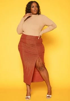 Plus Size Drawstring Hem Shimmer Maxi Skirt