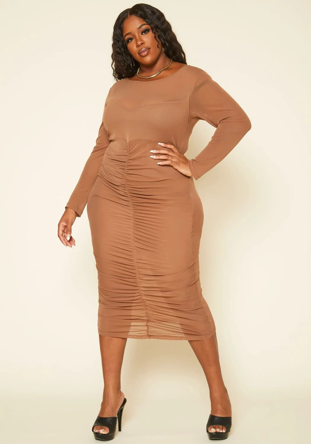 Plus Size Ruched Mesh Bodycon Midi Dress 2 Plus Size Ruched Mesh Bodycon Midi Dress - Image 2