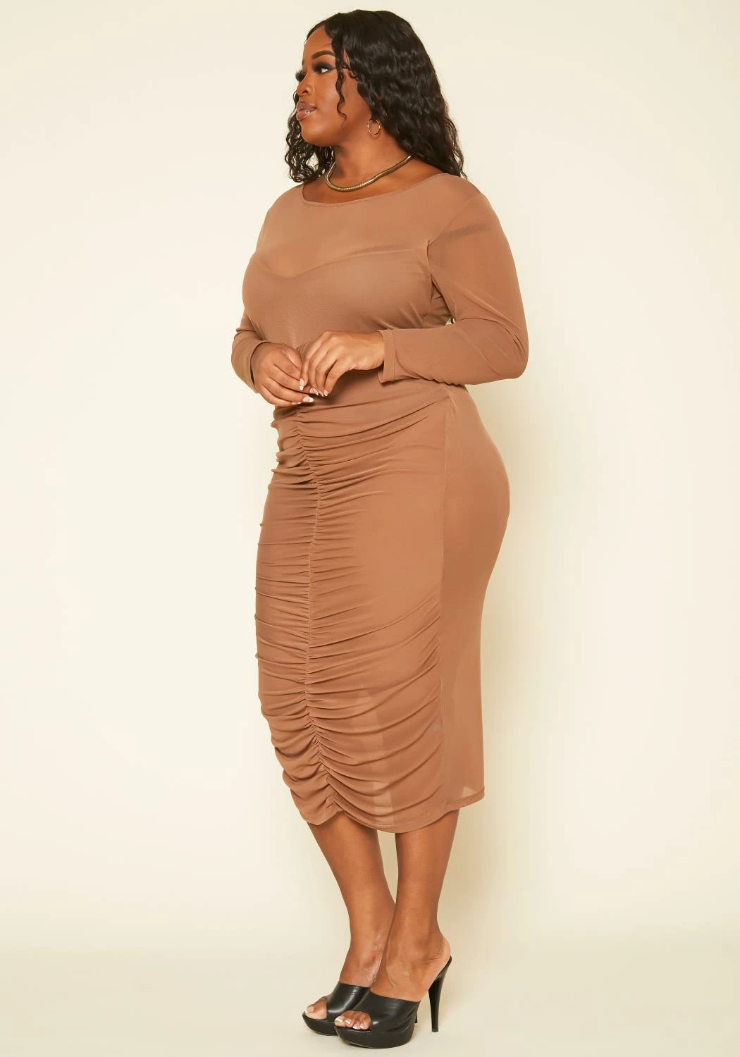 Plus Size Ruched Mesh Bodycon Midi Dress 3 Plus Size Ruched Mesh Bodycon Midi Dress - Image 3