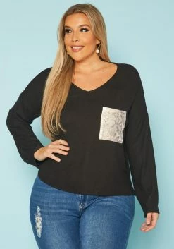 Plus Size Snakeskin Pocket Hem Long Sleeve Shirt