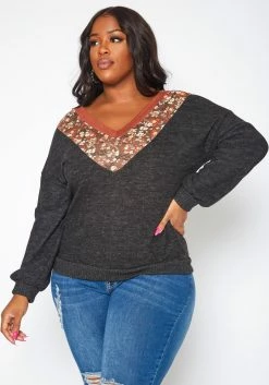 Plus Size Floral Print V Neck Long Sleeve Top