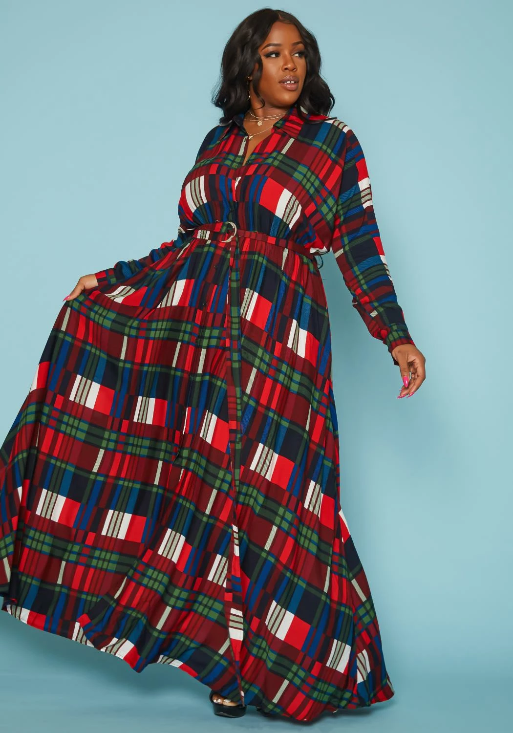 Plus Size Plaid Button Front Collar Maxi Dress 1 Plus Size Plaid Button Front Collar Maxi Dress