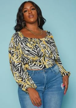 Plus Size Chainlink Zebra Print Long Sleeve Blouse