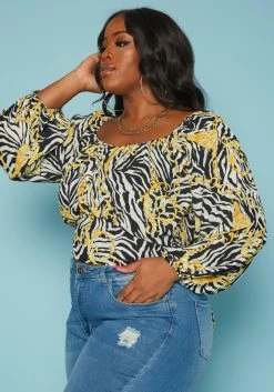 Plus Size Chainlink Zebra Print Long Sleeve Blouse -Asoph Sales Shop 2019338 172 2