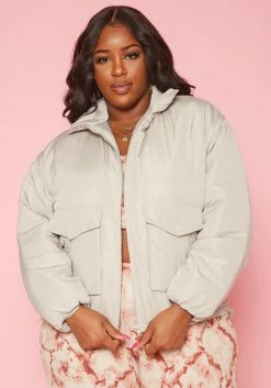 Plus Size Solid Puffer Jacket