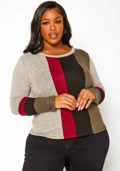 Plus Size Color Block Long Sleeve Shirt