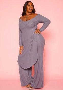 Plus Size Ribbed Knit Long Sleeve Top & Pants Set -Asoph Sales Shop 2019368 749 1