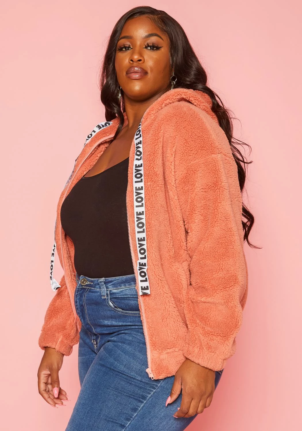 Plus Size Faux Fur Hooded Love Sweater 3 Plus Size Faux Fur Hooded Love Sweater - Image 3