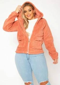 Plus Size Faux Fur Hooded Zip Front Sweater