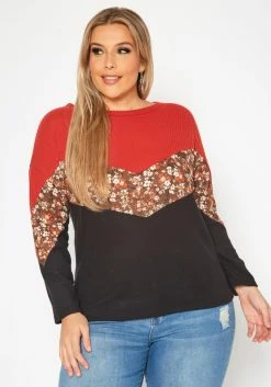 Plus Size Waffle Knit Color Block Sweater