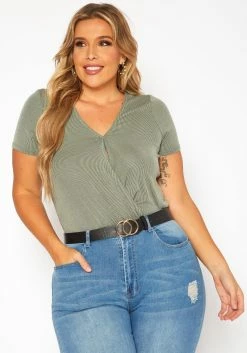 Plus Size Ribbed V Neck Short Sleeve Bodysuit