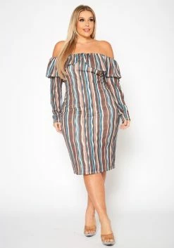 Plus Size Multi Striped Off Shoulder Dress