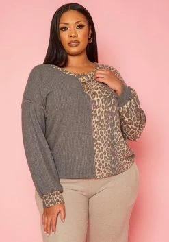 Plus Size Leopard Splice Knitted Shirt