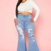Vibrant Plus Size Distressed Raw Cut Bell Bottom Denim Jean