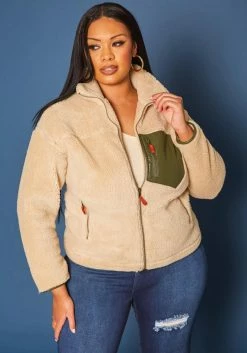 Plus Size Faux Fur Pocket Hem Jacket