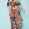 Plus Size Multi Print Crop Top & Flare Pants Set