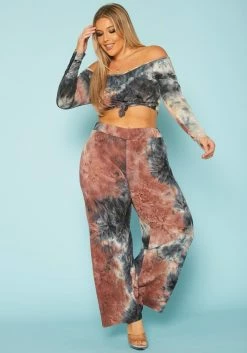 Plus Size Multi Print Crop Top & Flare Pants Set