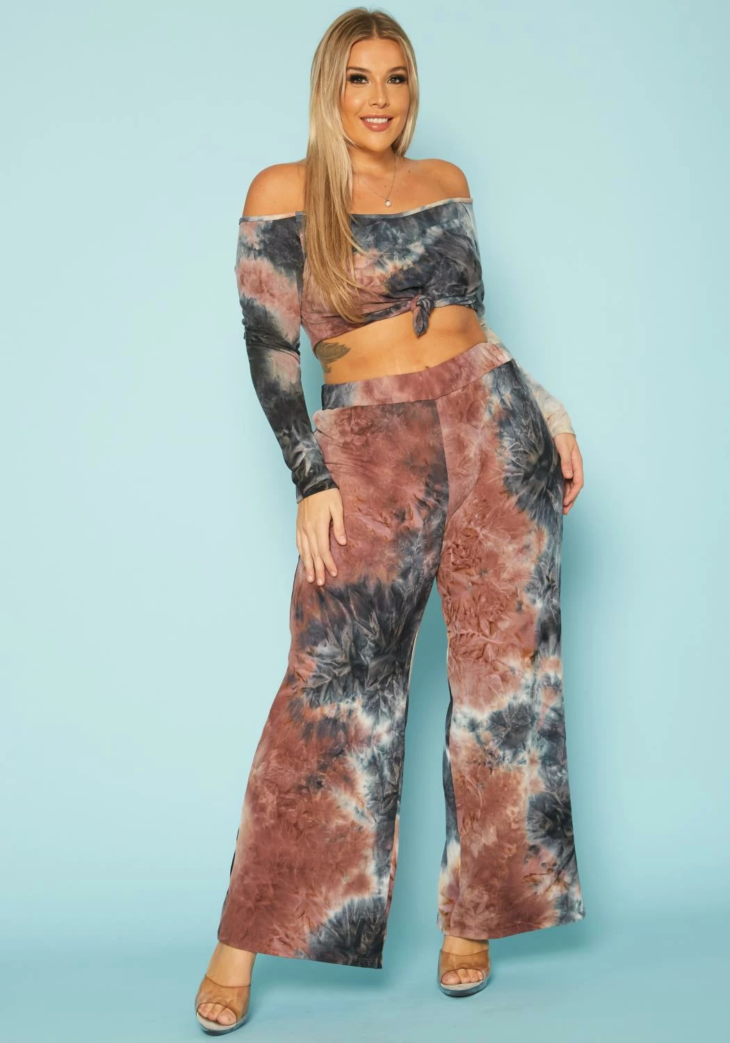 Plus Size Multi Print Crop Top & Flare Pants Set 2 Plus Size Multi Print Crop Top & Flare Pants Set - Image 2