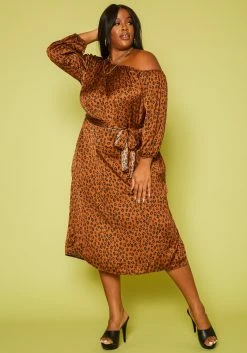 Plus Size Leopard Print Belted Satin Midi Dress