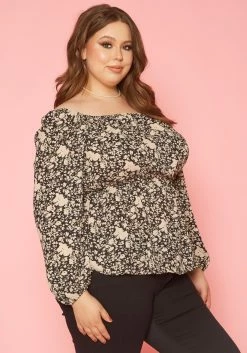 Plus Size Vintage Floral Print Off Shoulder Top -Asoph Sales Shop 2019641 001 2