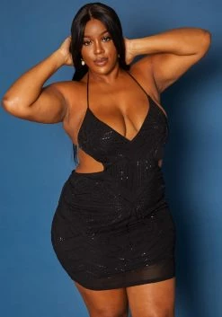 Plus Size Sequin V Neck Cut Out Cami Mini Dress