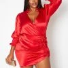Plus Size Mandolin Collar Ruched Satin Mini Dress
