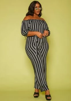 Plus Size Off Shoulder Stripe Jumpsuit