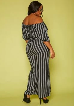 Plus Size Off Shoulder Stripe Jumpsuit -Asoph Sales Shop 2019704 001 3