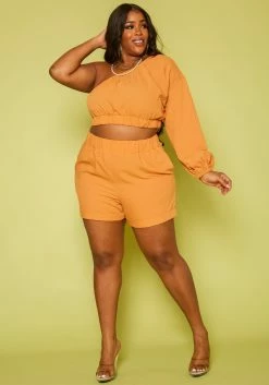 Plus Size One Sleeve Crop Top & Shorts Set
