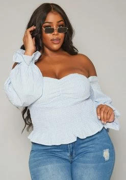 Plus Size Stripe Print Off Shoulder Smocked Top