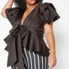 Plus Size Tie Front Ruffle Peplum Blouse