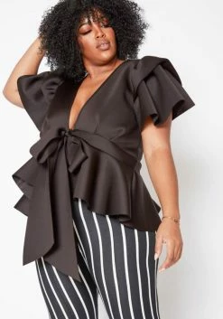 Plus Size Tie Front Ruffle Peplum Blouse
