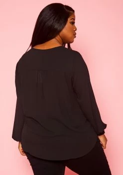 Plus Size V Neck Pocket Hem Long Sleeve Blouse -Asoph Sales Shop 2019925 001 4