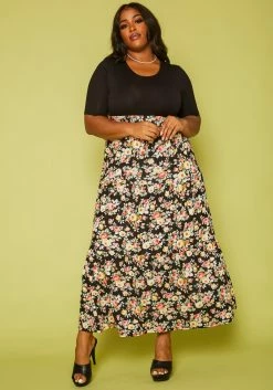 Plus Size Floral Print Flare Maxi Dress