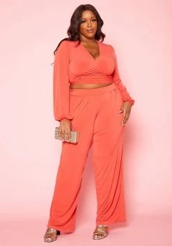 Plus Size Wrap Crop Top & Wide Pants Set