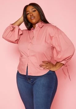 Plus Size Collar Neck Puff Sleeve Linen Shirt -Asoph Sales Shop 2020198 002 2