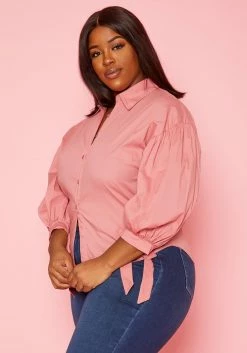 Plus Size Collar Neck Puff Sleeve Linen Shirt -Asoph Sales Shop 2020198 002 3